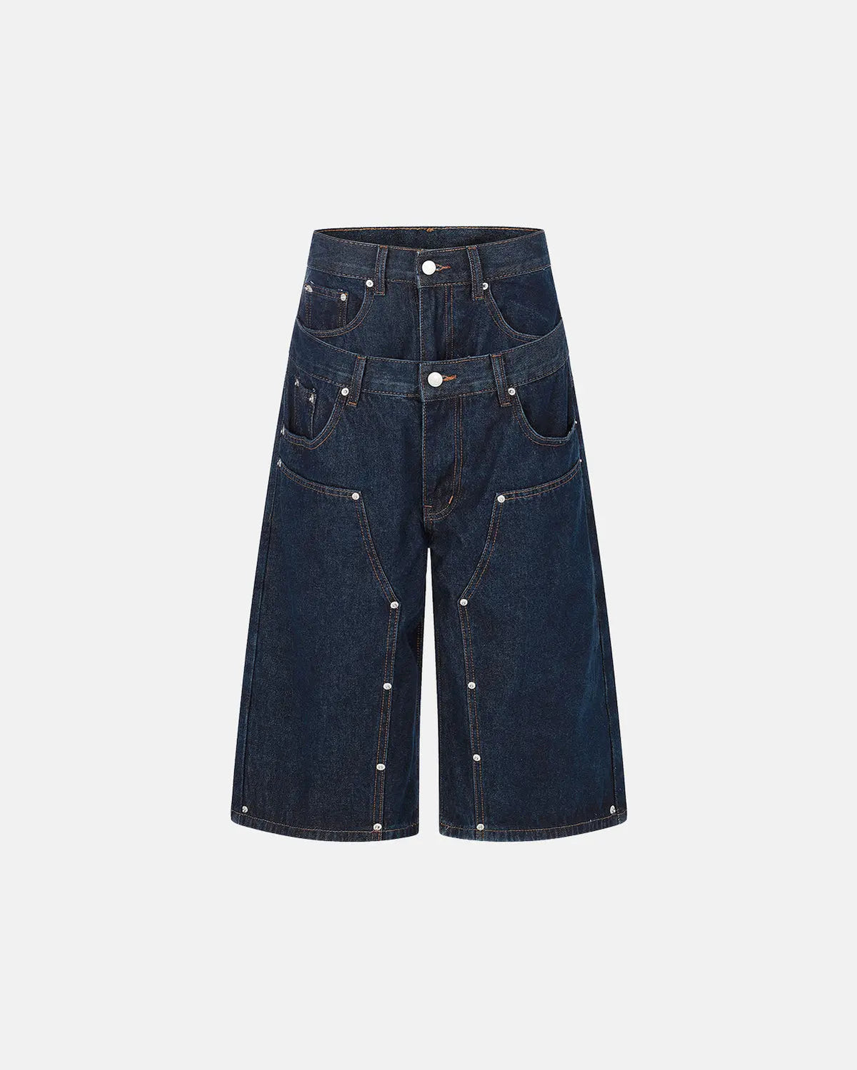 Inflation brand double waist studded denim long jorts, stylish men's pants with distressed details and metal stud accents.