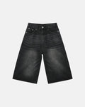 Washed baggy denim jorts from Inflation Streetwear featuring distressed details and a relaxed fit.