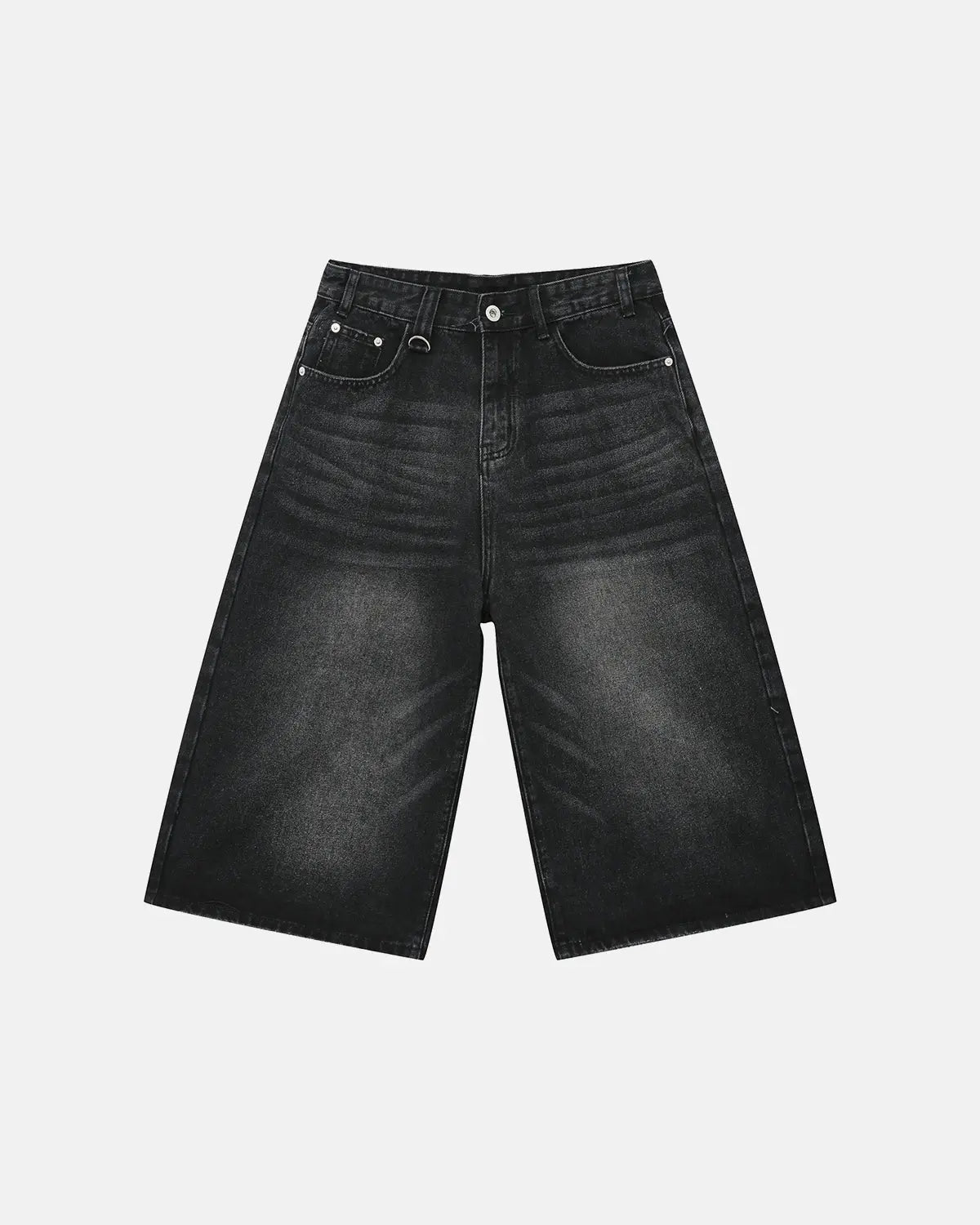 Washed baggy denim jorts from Inflation Streetwear featuring distressed details and a relaxed fit.