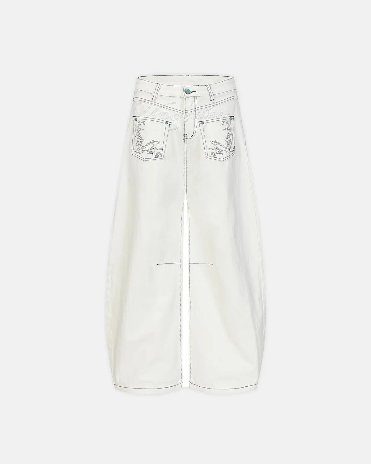 Graphic embroidered washed barrel jeans by INFLATION Streetwear, featuring unique embroidery details and a relaxed fit.