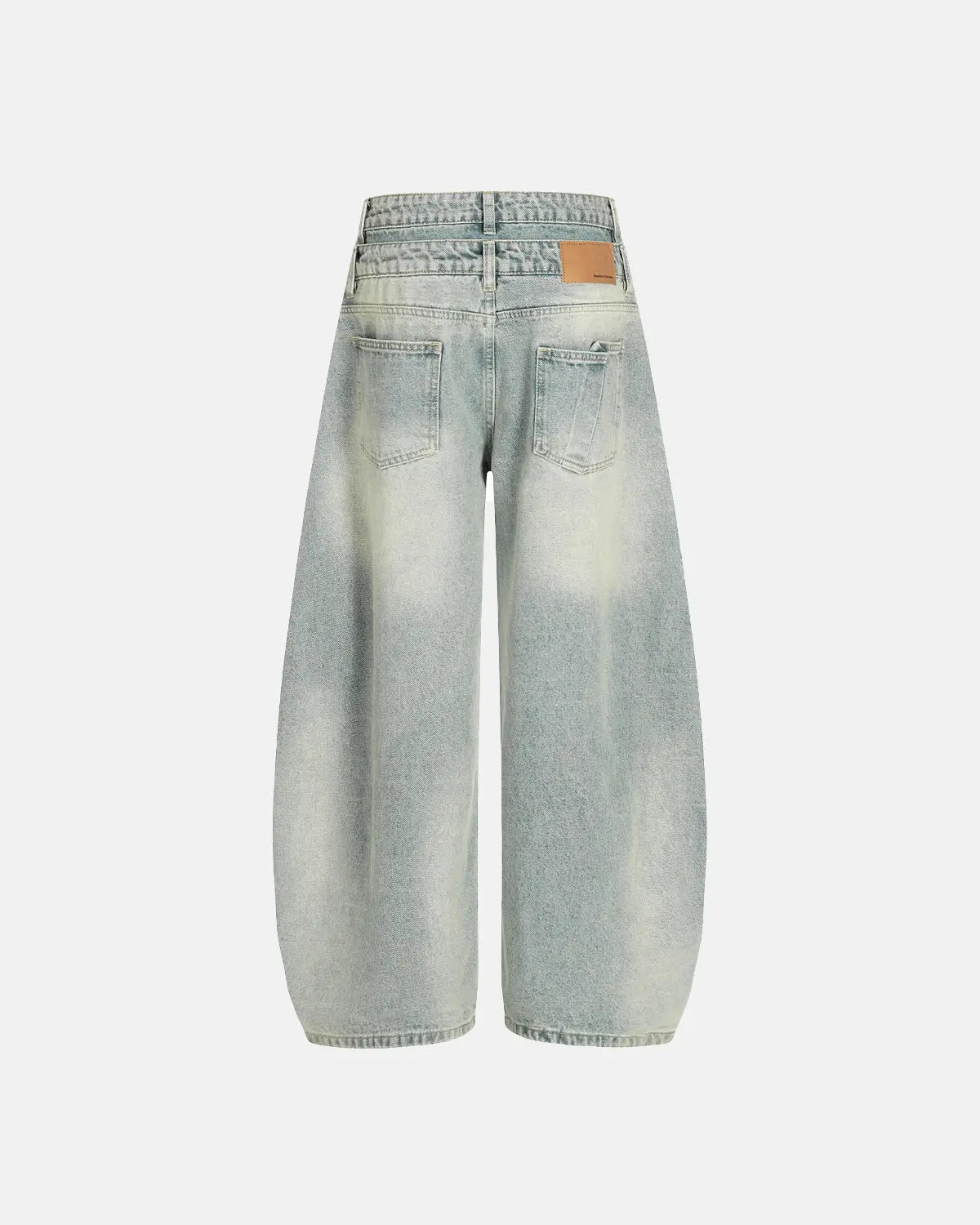 Inflation Double Waist Acid Washed Baggy Jeans with distressed detailing and relaxed fit, showcasing streetwear style.