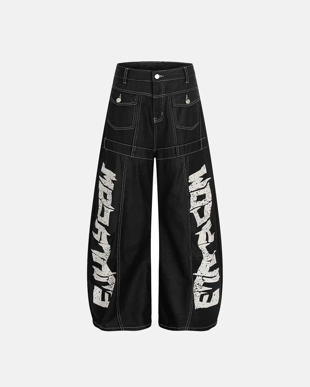Letter graphic cargo barrel jeans from INFLATION streetwear with bold letter prints and relaxed cargo style.