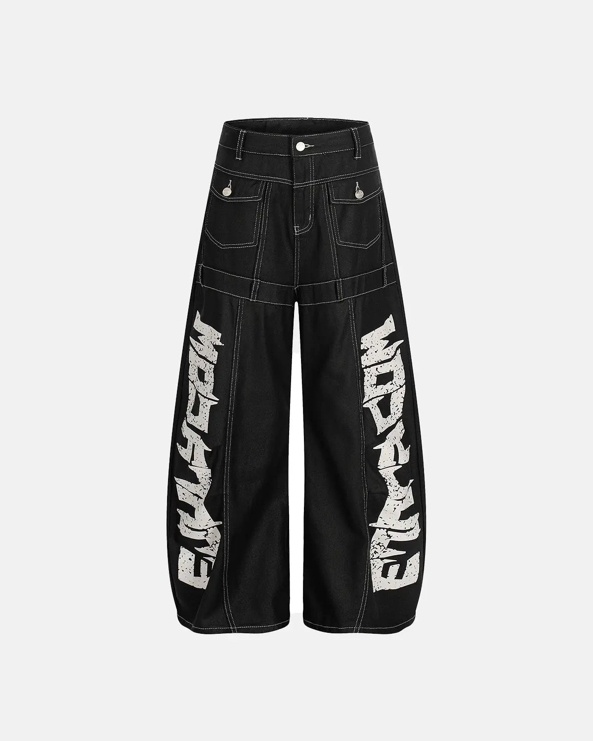 Letter graphic cargo barrel jeans from INFLATION streetwear with bold letter prints and relaxed cargo style.