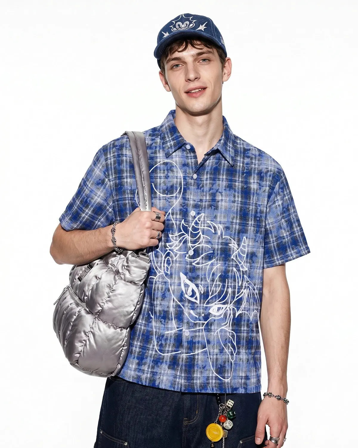 Inflation Streetwear devil embroidered plaid shirt featuring a red and black checkered pattern and detailed devil embroidery on the front.