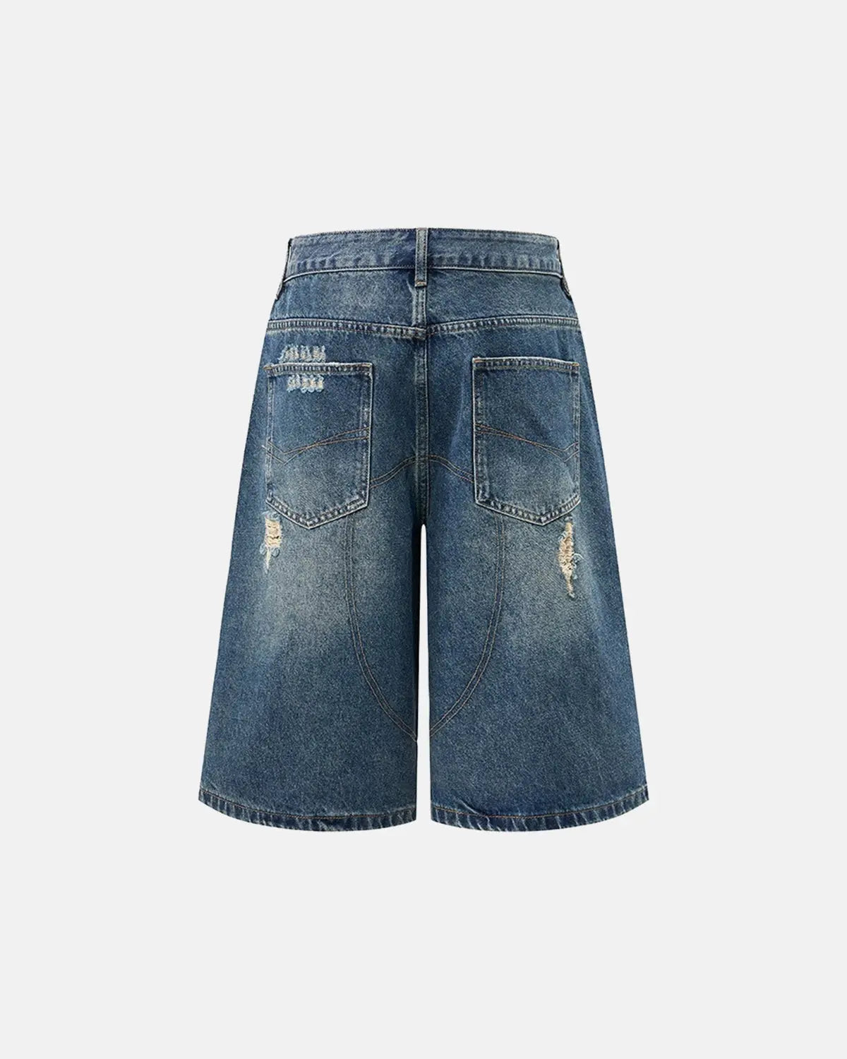 Light blue heavy washed distressed baggy jorts by Inflation Streetwear, showing frayed edges and relaxed fit denim pants.