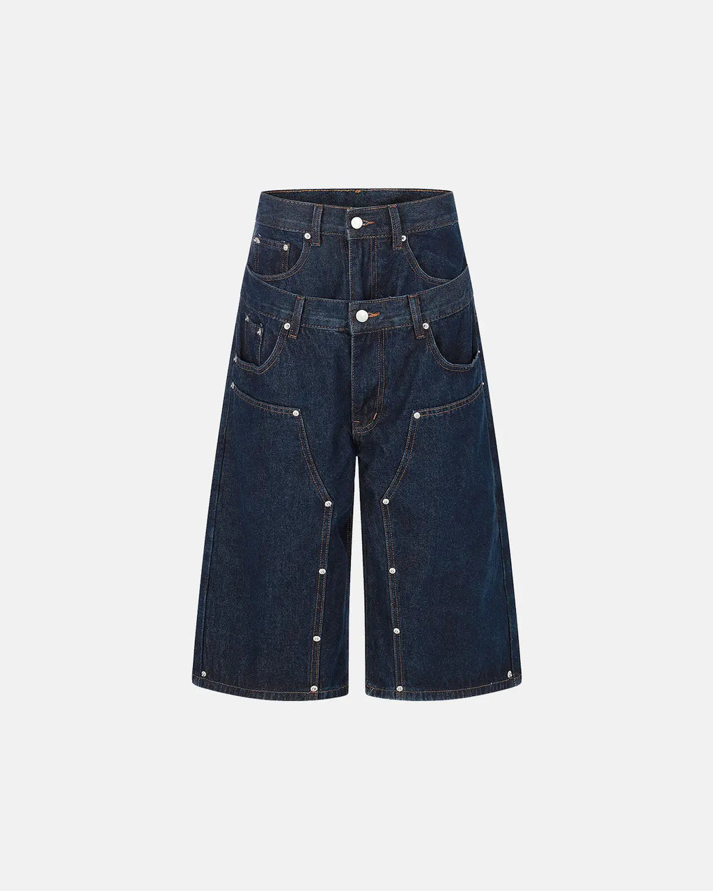 Inflation Streetwear double waist studded denim long jorts, stylish blue denim pants with studded details and a relaxed fit.