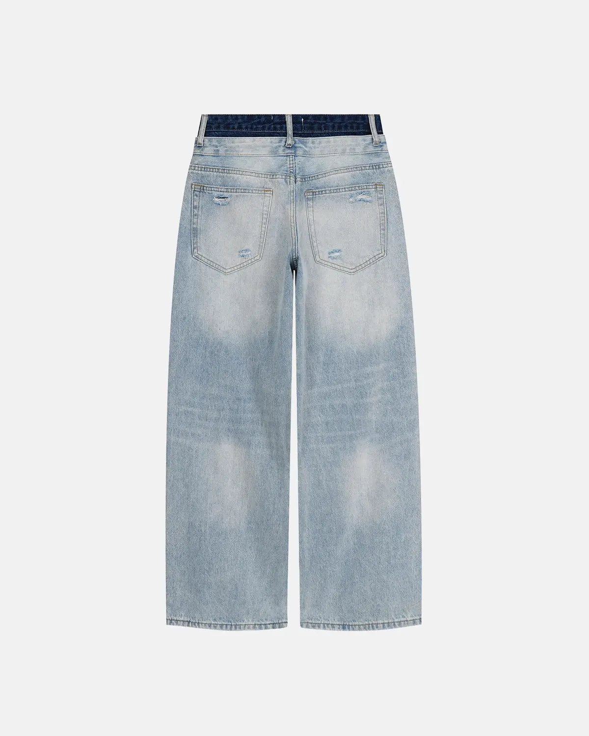 Distressed double waist baggy jeans by INFLATION Streetwear shown in this image, featuring a relaxed fit and rugged style.