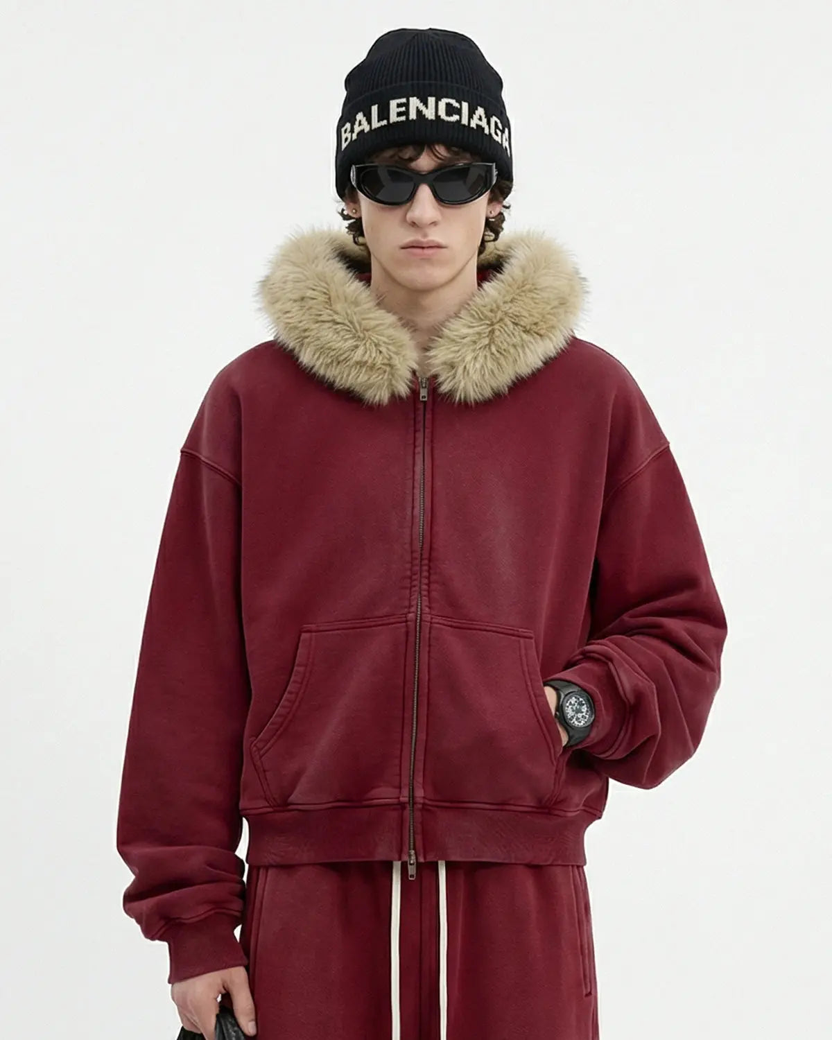 Inflation Streetwear faux fur collar distressed zip-up hoodie with hood and front pockets, casual streetwear style.
