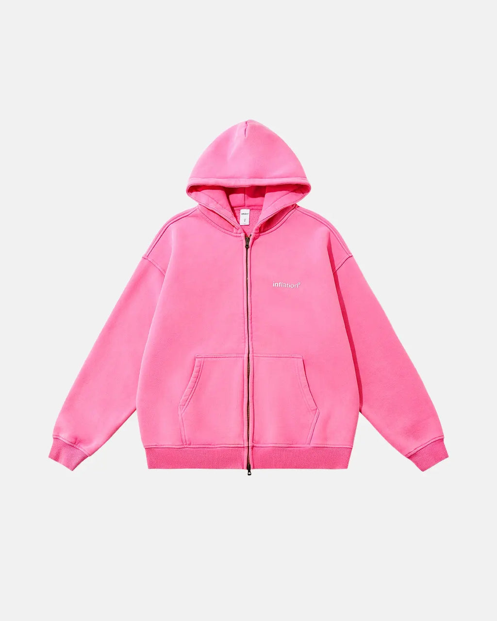 Inflation Brand Washed Fleece Zip-Up Hoodie with hood and front pockets, casual streetwear style, in soft fleece material.