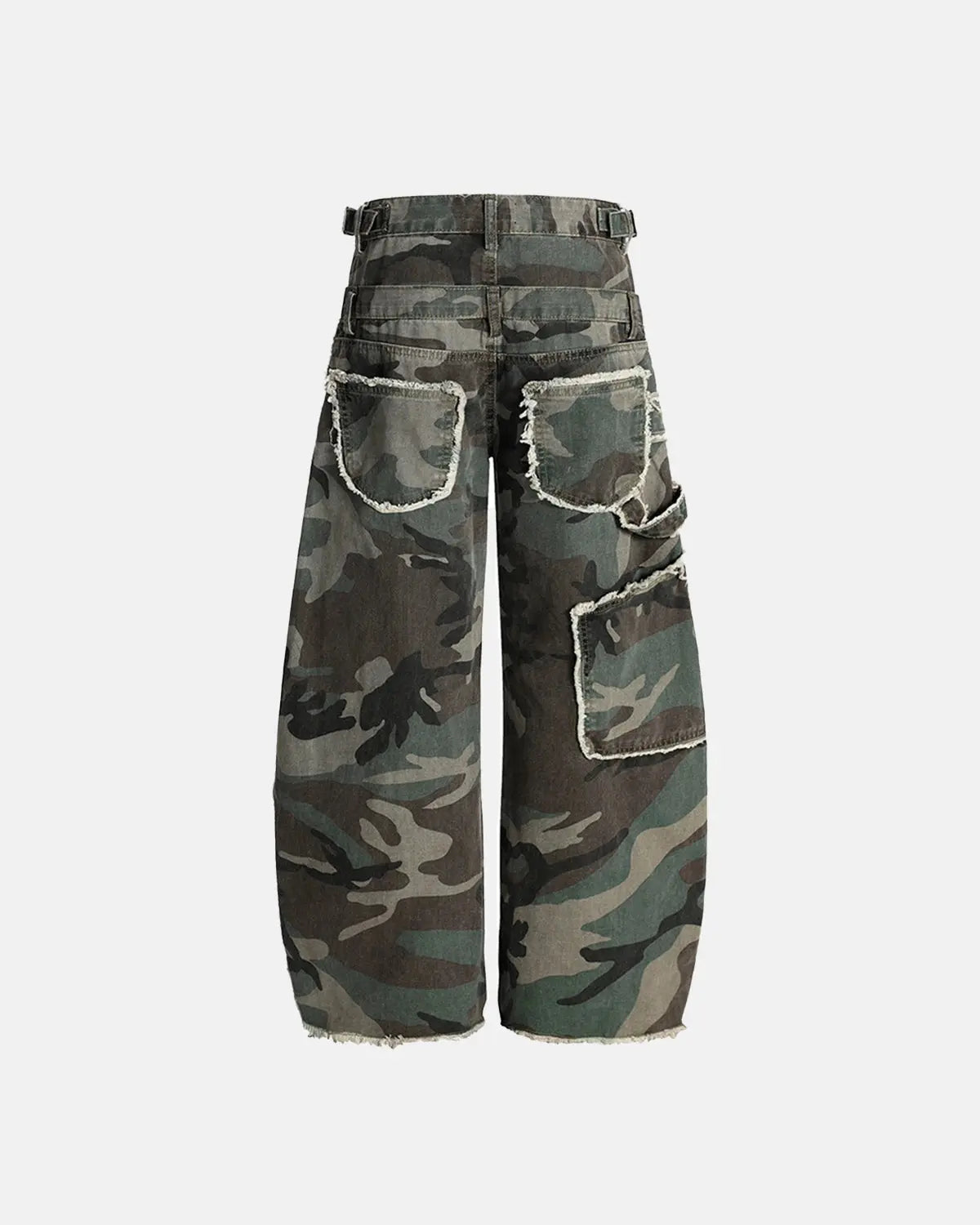 Inflation Double Waist Camo Cargo Pants featuring multiple pockets and a streetwear-inspired design in camouflage pattern.