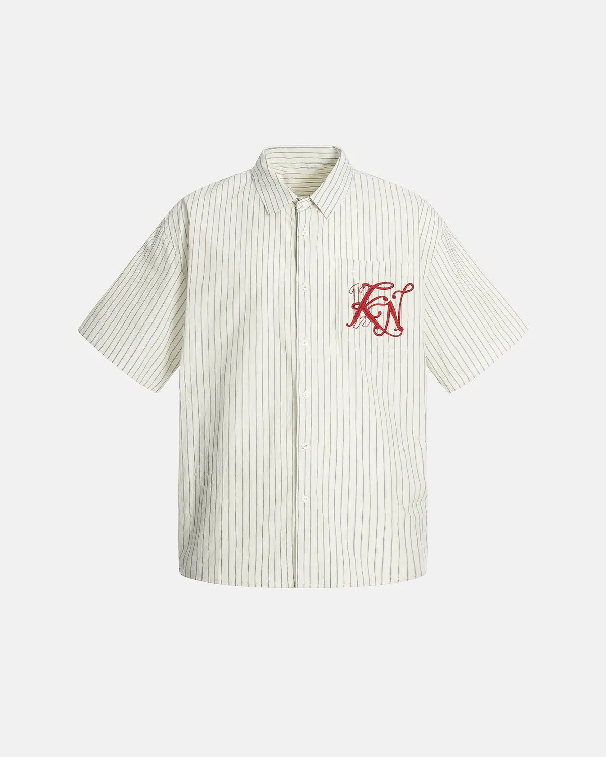 Striped embroidered short-sleeve shirt by INFLATION featuring colorful stripes and detailed embroidery on soft fabric.