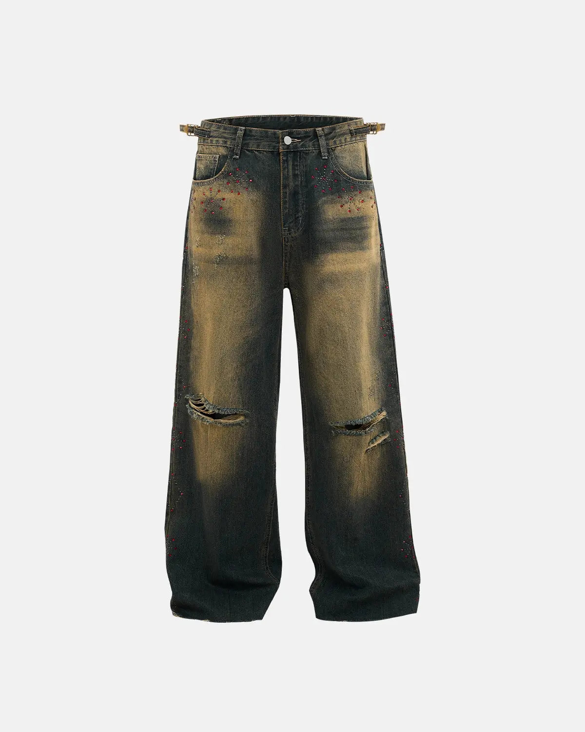 Dirty Wash Rhinestone Baggy Jeans by INFLATION featuring a loose fit, distressed denim, and sparkling rhinestone accents.
