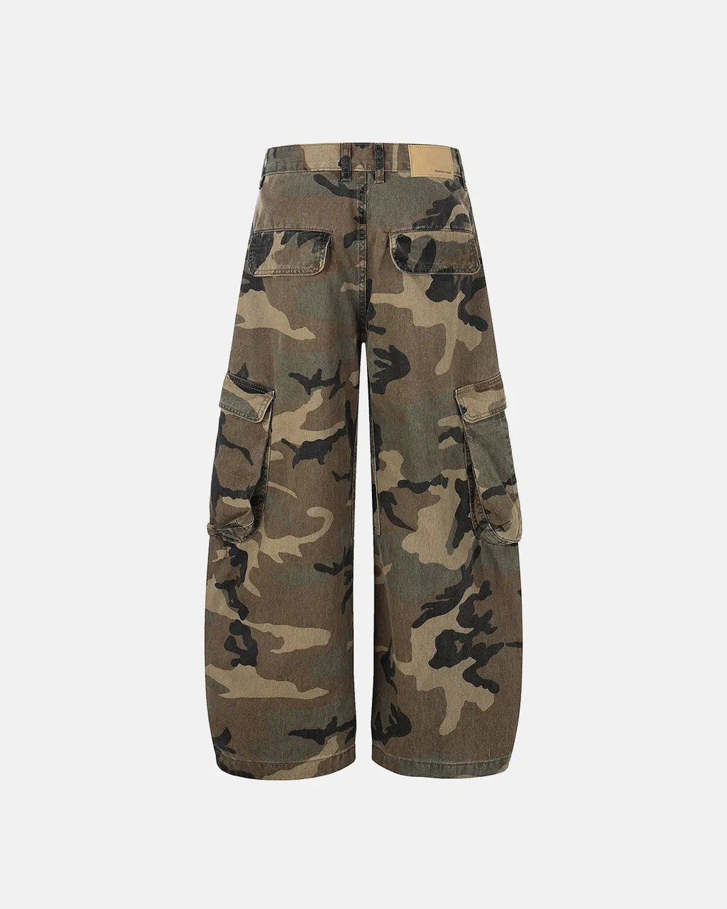 Inflation Camo Cargo Barrel Pants with multiple pockets and relaxed fit, featuring green and beige camouflage pattern.