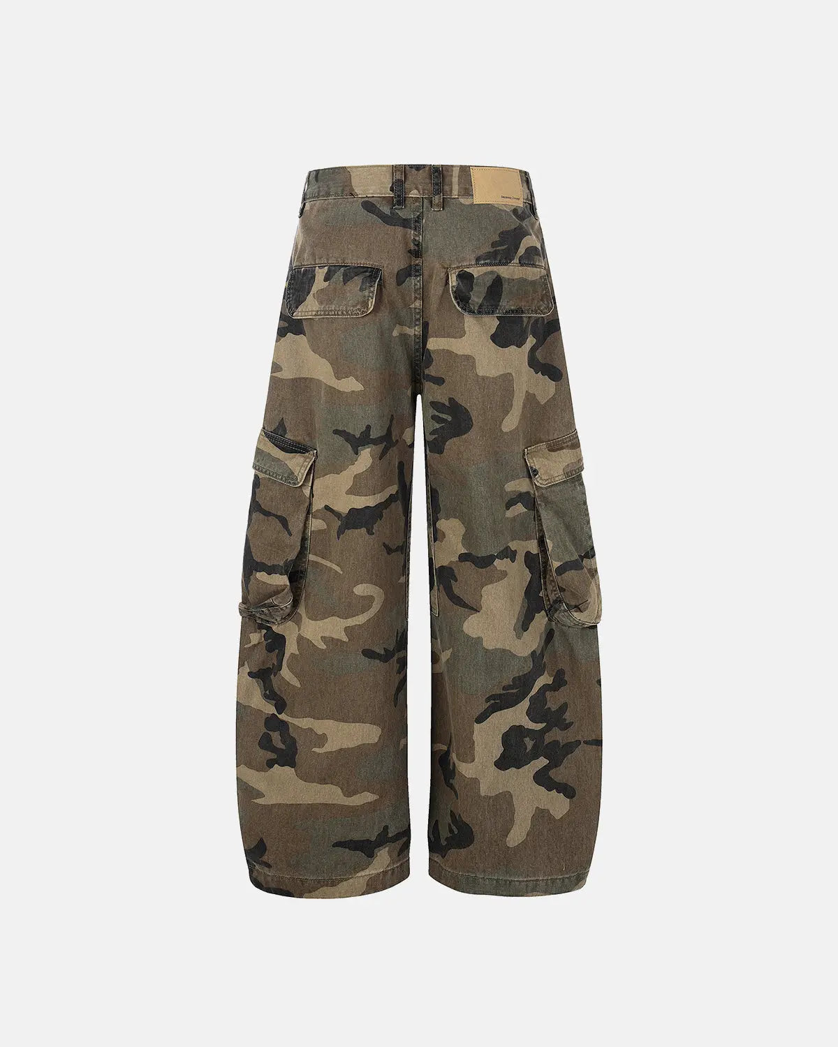 Inflation Camo Cargo Barrel Pants with multiple pockets and relaxed fit, featuring green and beige camouflage pattern.