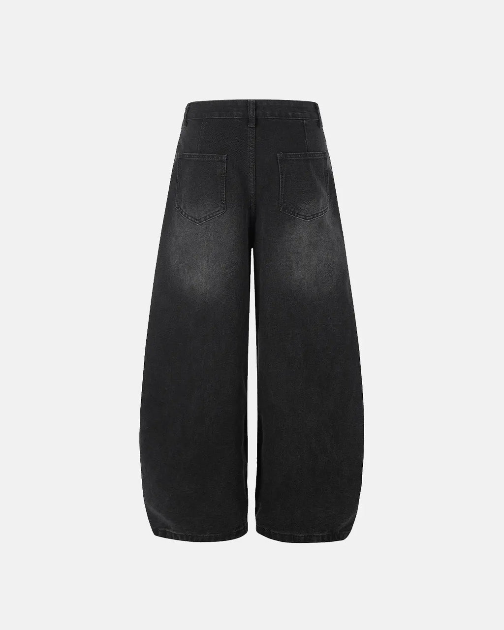 Distressed Eyelet Barrel Jeans by INFLATION featuring ripped details, eyelet accents, and a relaxed fit in dark denim.