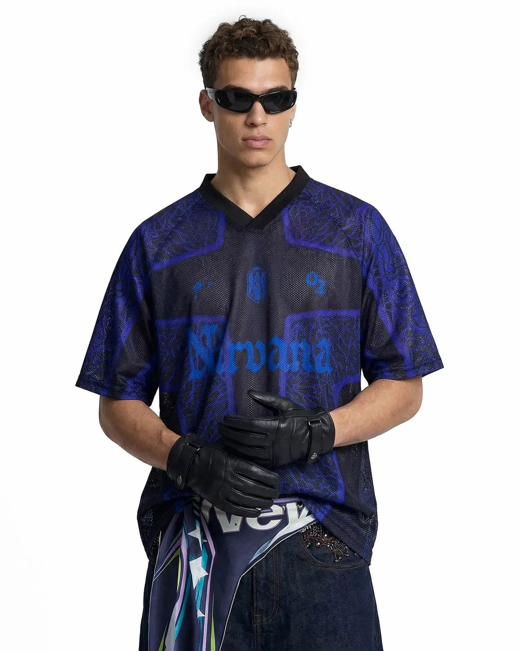 Inflation Streetwear tribal pattern mesh jersey t-shirt with bold graphic design and breathable fabric, modern streetwear style.