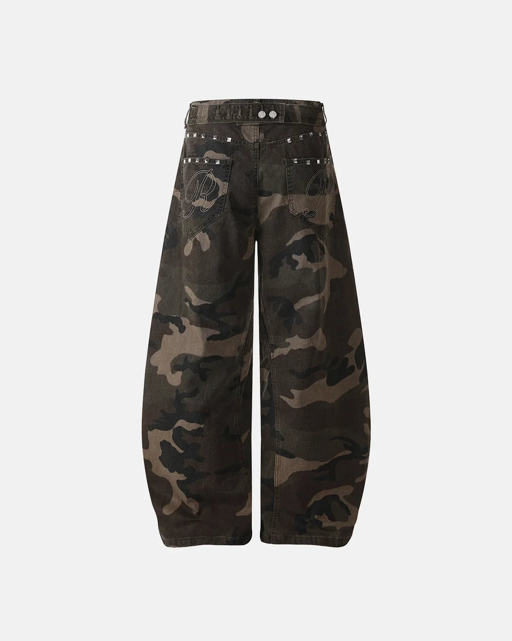 Inflation Streetwear studded camo barrel jeans, casual pants with metal stud accents and a modern camouflage pattern.