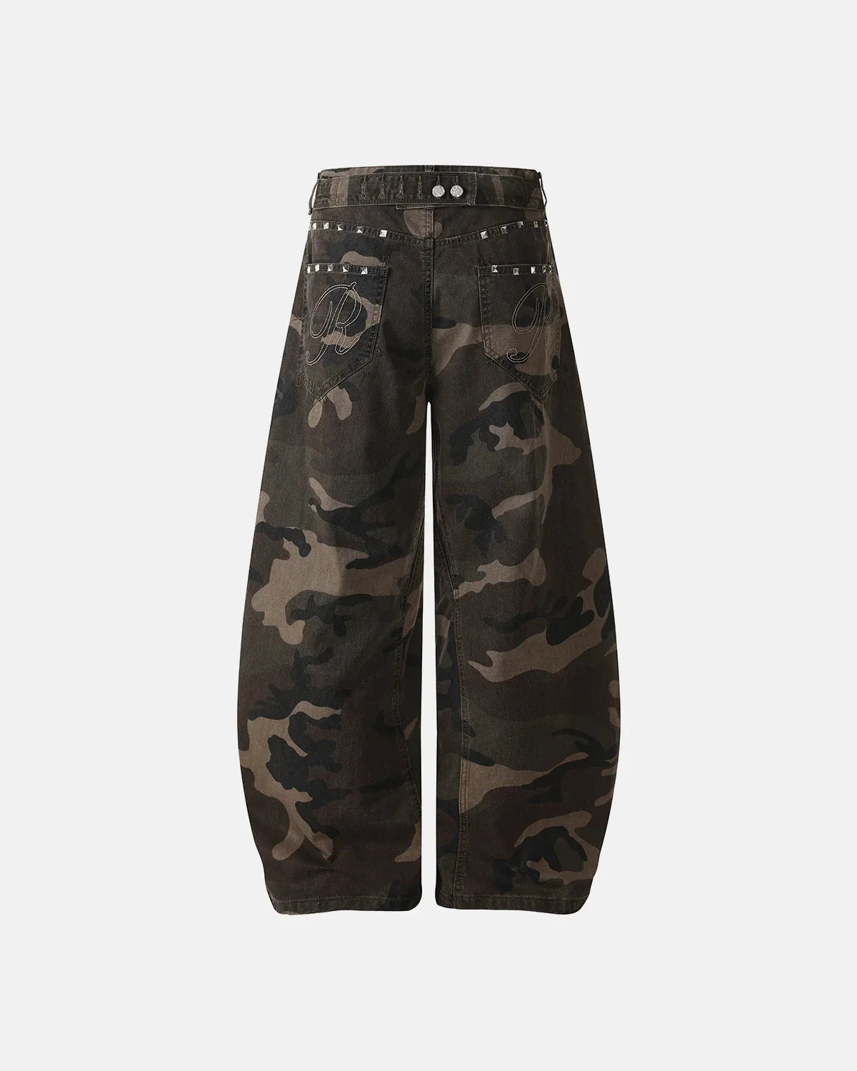 Inflation Streetwear studded camo barrel jeans, casual pants with metal stud accents and a modern camouflage pattern.