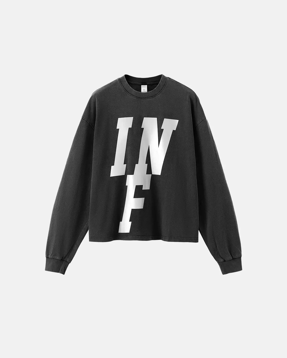 Inflation Streetwear reflective logo acid wash tee featuring a faded design and bold logo on the front, casual streetwear style.