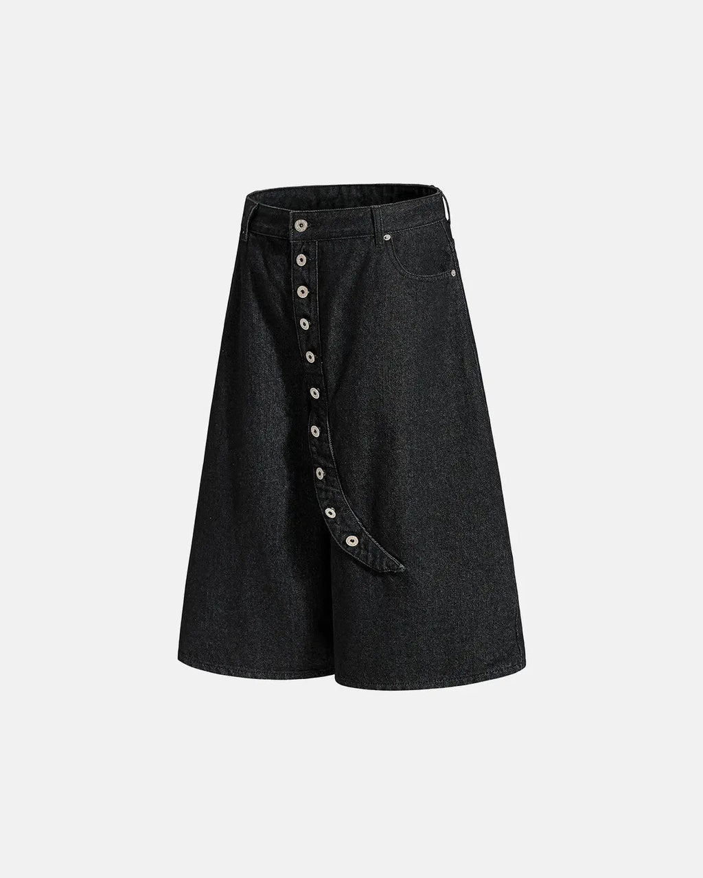 Asymmetric button raw denim jorts by INFLATION, stylish streetwear pants with raw hem and unique design details.
