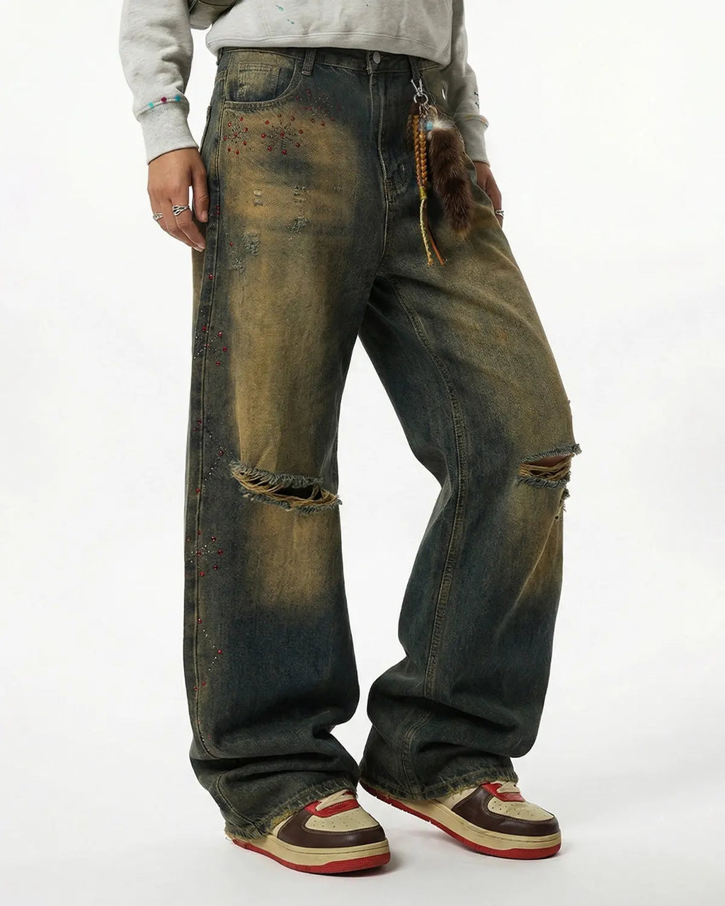 Inflation Dirty Wash Rhinestone Baggy Jeans with distressed details and rhinestone embellishments, relaxed streetwear style.