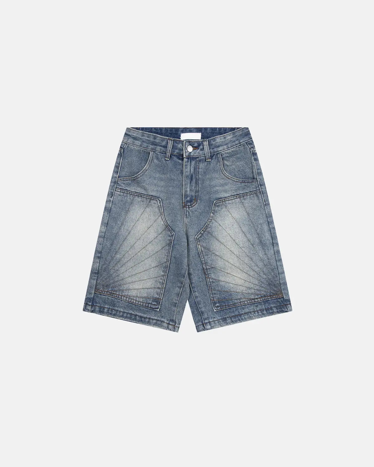 Vintage embroidered washed jorts by INFLATION, denim pants with colorful embroidery and distressed wash, casual streetwear style.