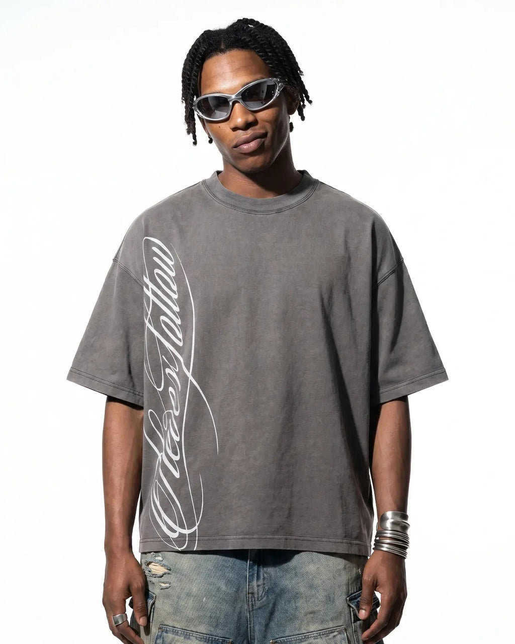 Boxy script graphic washed T-shirt by INFLATION Streetwear, featuring a relaxed fit with bold printed design on soft fabric.