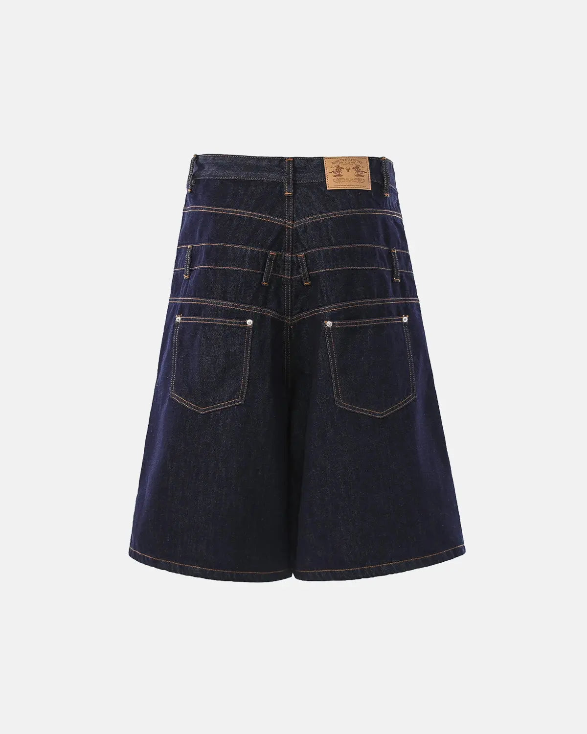 Inflation Streetwear double waist rivet baggy jorts, denim pants with rivet details and a relaxed, oversized fit.