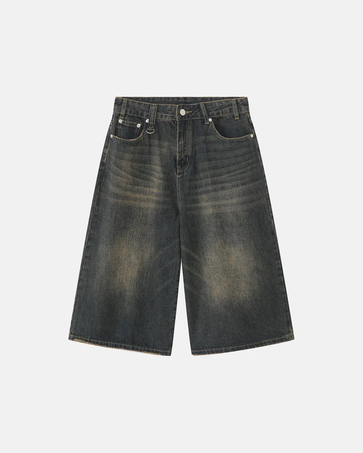 Washed baggy denim jorts from Inflation Streetwear featuring distressed details and relaxed fit on a model.