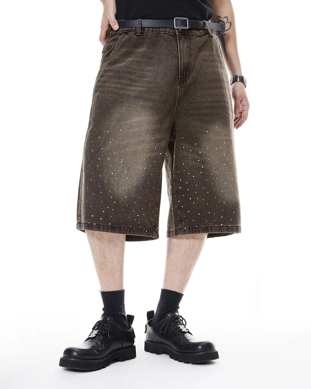 Colorful rhinestone washed jeans shorts by INFLATION, featuring vibrant embroidery and distressed denim details.