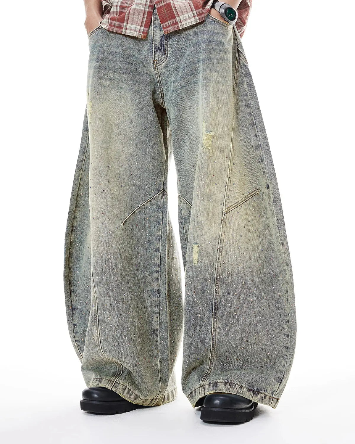 Colorful rhinestone decorated ripped baggy jeans by INFLATION featuring a relaxed fit and distressed details.