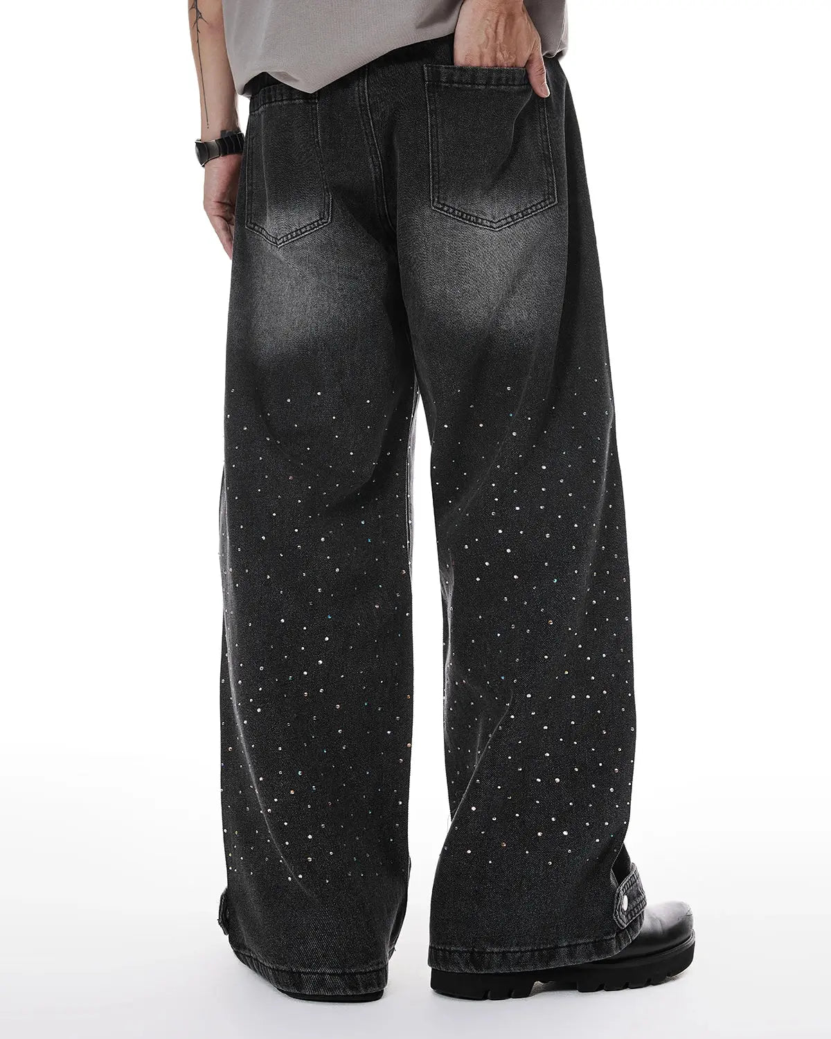 Colorful rhinestone wash baggy jeans by INFLATION featuring vibrant rhinestones and relaxed fit streetwear style.