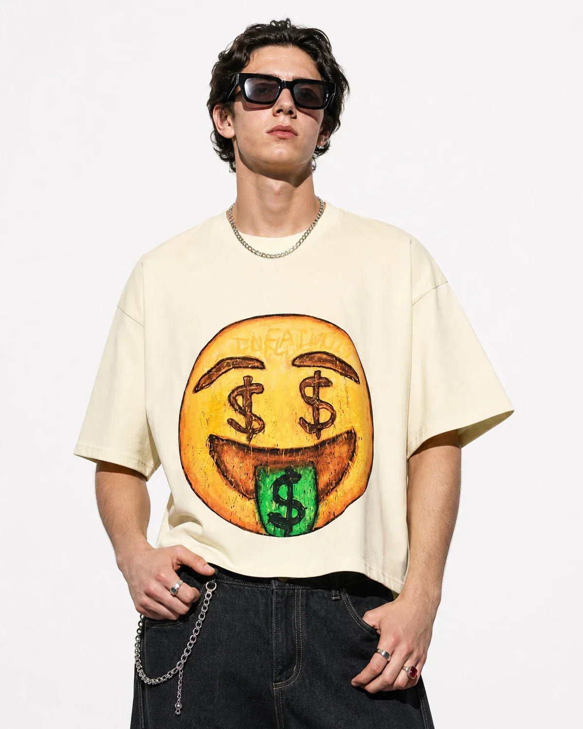 Inflation Streetwear Boxy Smile Graphic T-Shirt featuring a bold smiley face design on a casual black tee.