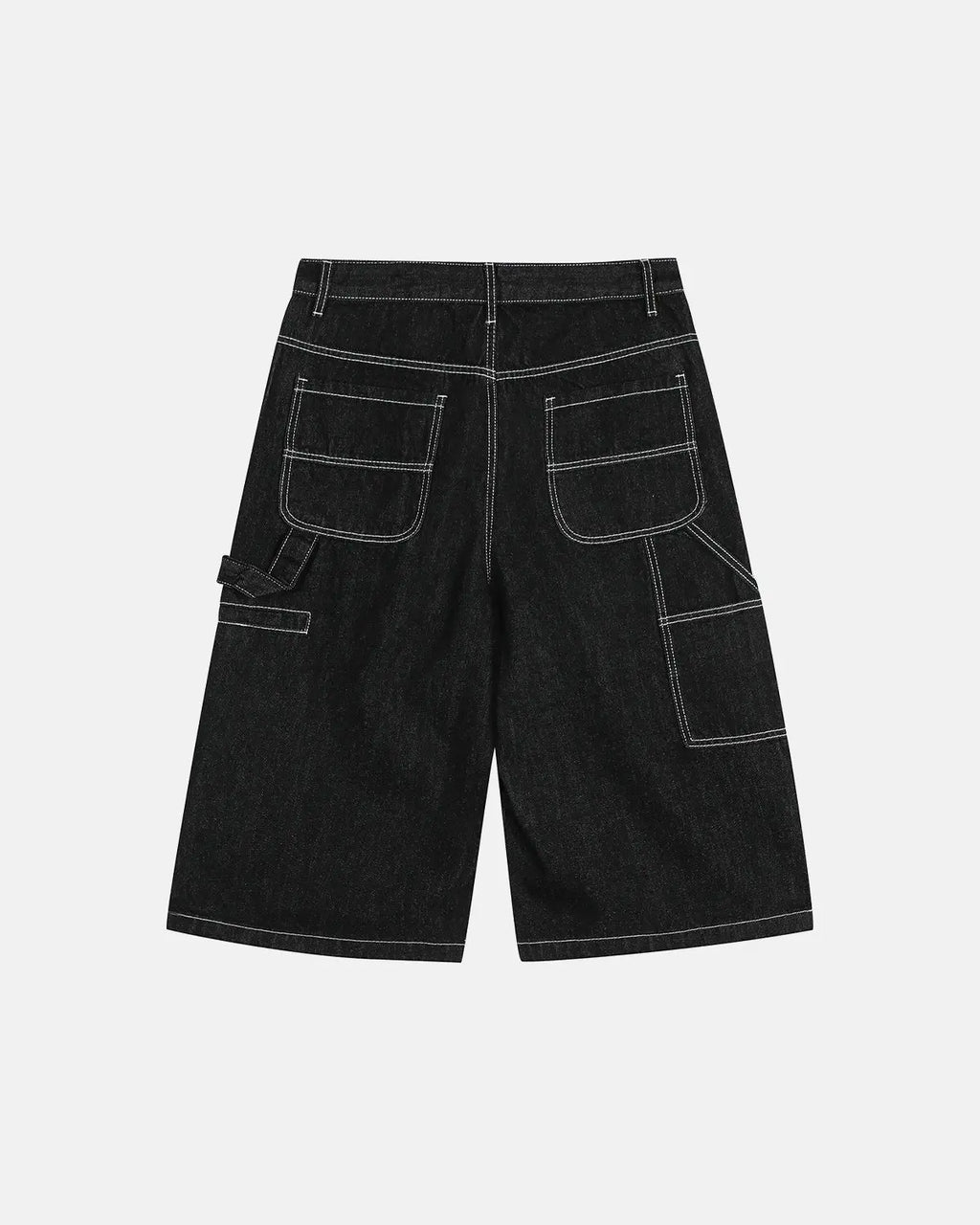 Contrast stitching raw cargo jorts by INFLATION, showing distressed denim with multiple pockets and raw hem detail.