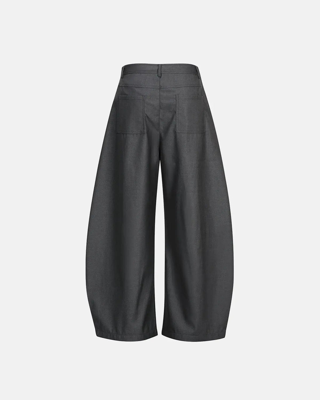 Asymmetric pleated barrel-leg suit pants by INFLATION, shown in a stylish fit with distinctive pleats and unique silhouette.