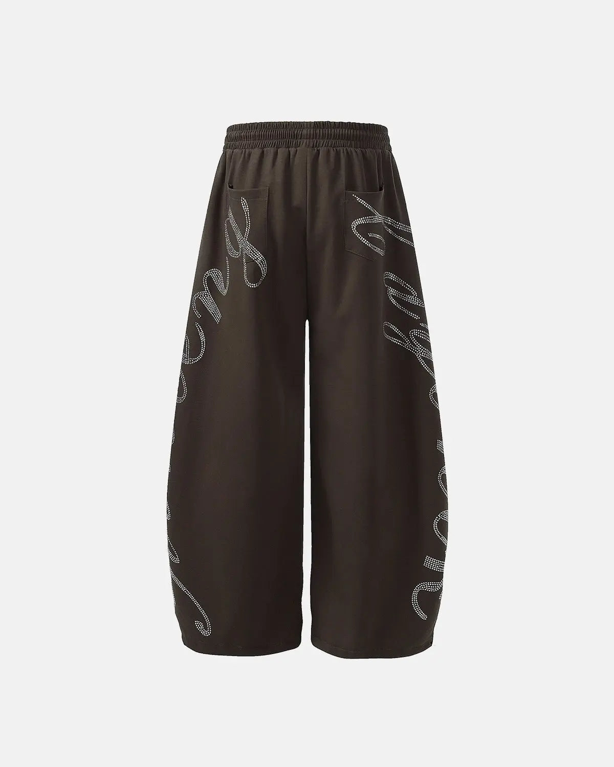 Inflation streetwear rhinestone baggy joggers featuring sparkling rhinestone accents and a relaxed fit, displayed on a hanger.