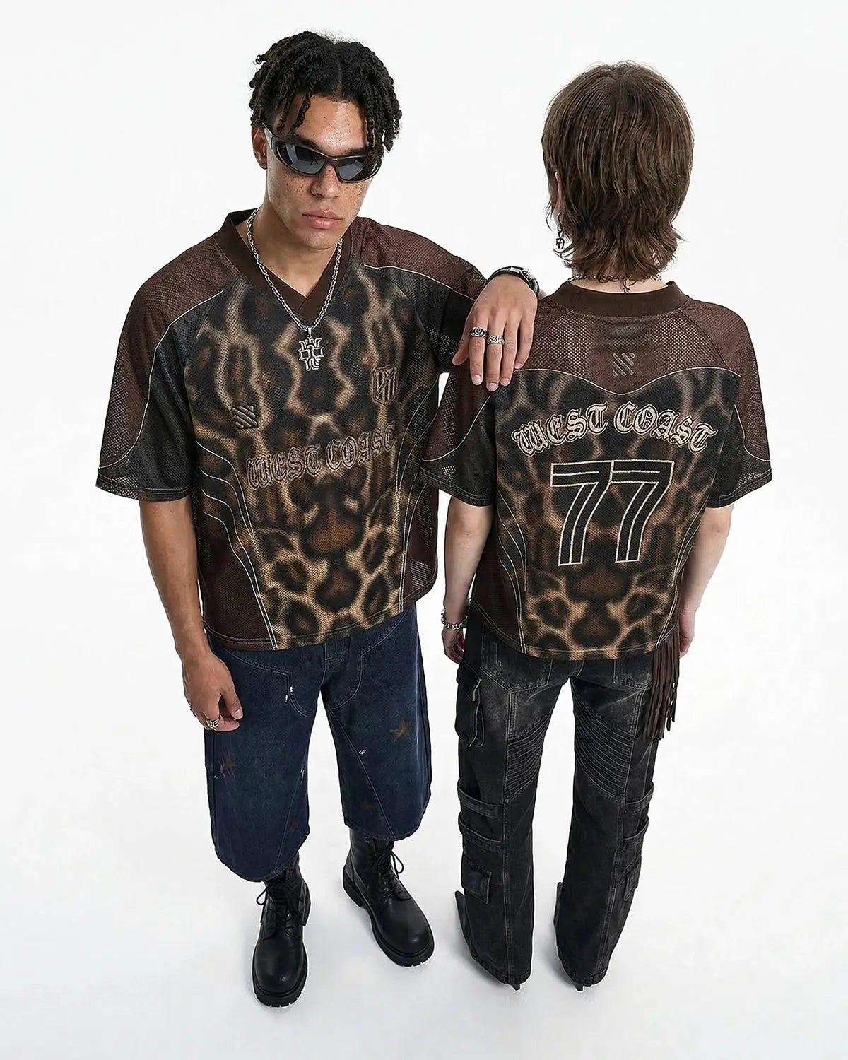 Vintage colorblock leopard mesh jersey by INFLATION Streetwear featuring bold leopard print and vibrant color block design.