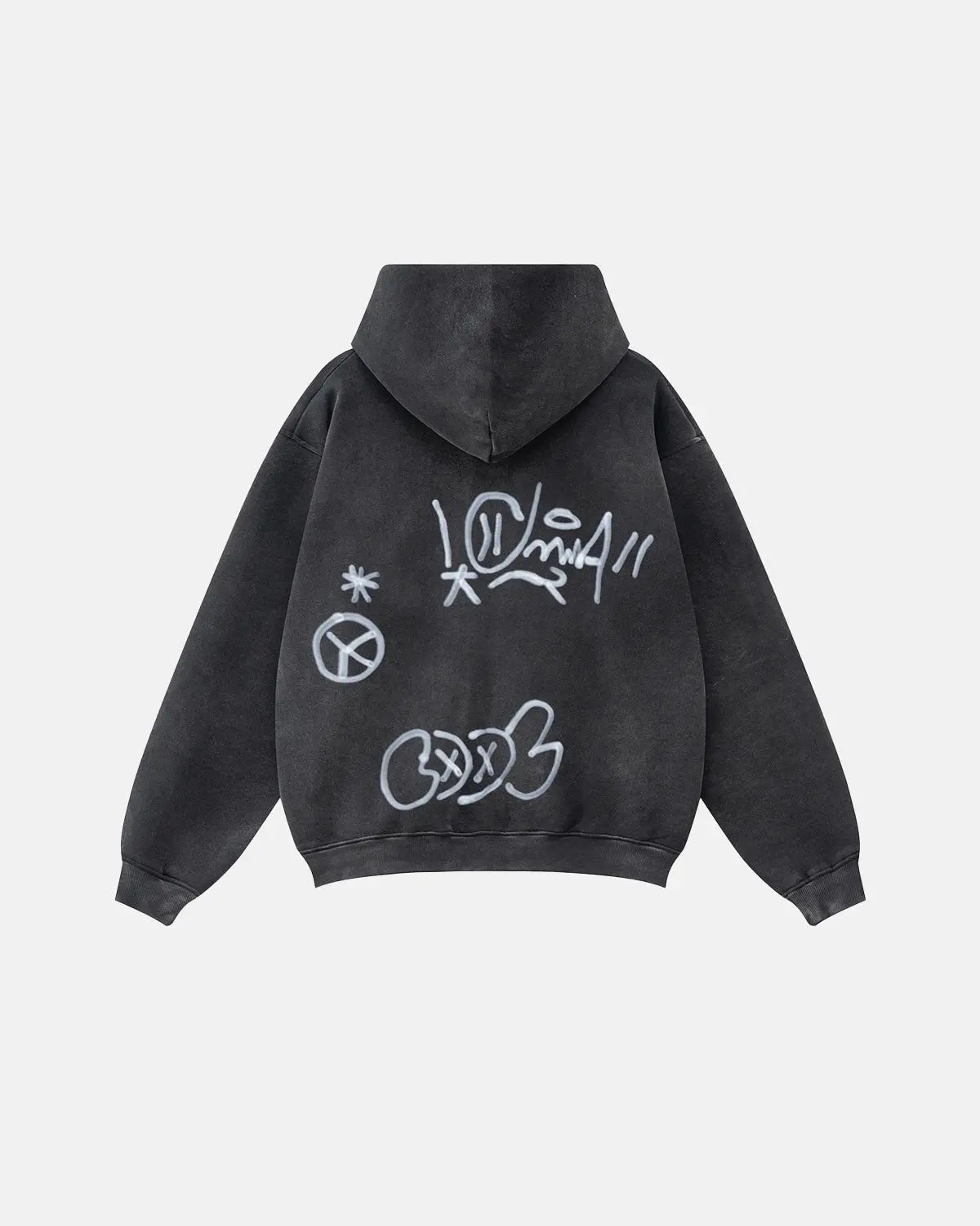 INFLATION graffiti washed zip-up hoodie featuring a colorful graffiti design and casual fit, displayed on a hanger.