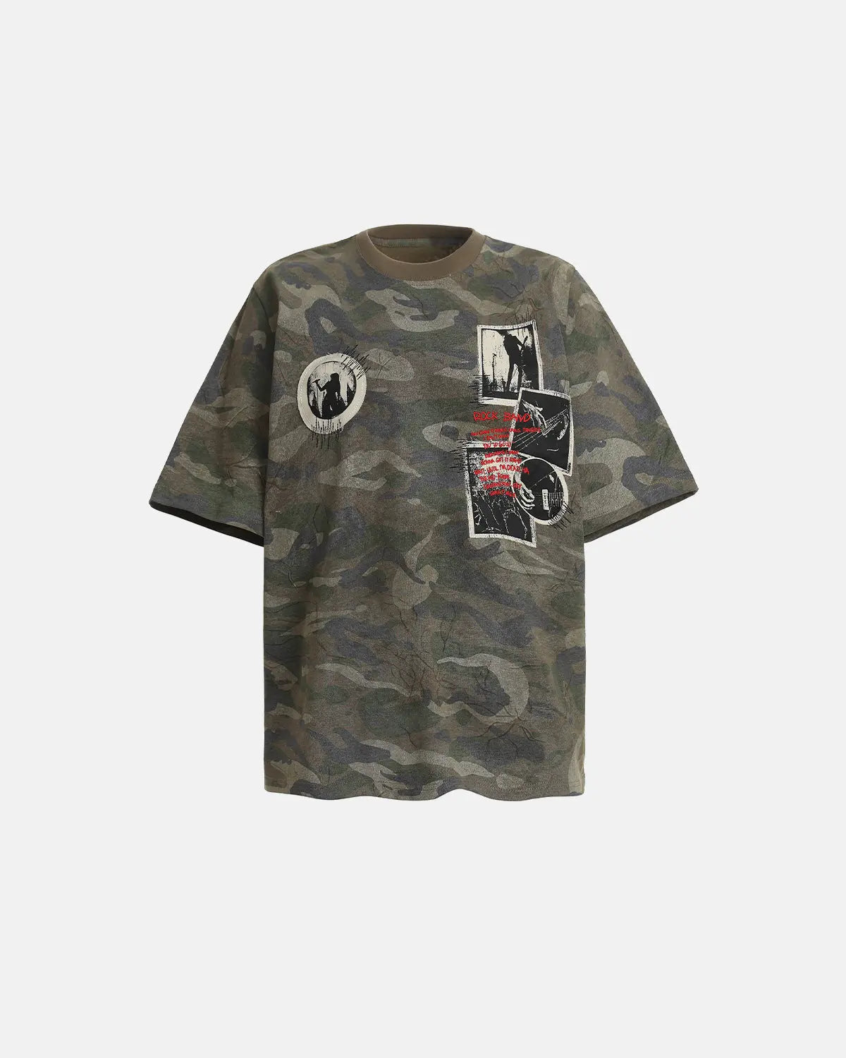 Vintage camo patch graphic T-shirt by INFLATION featuring a streetwear style with military-inspired camouflage and bold patch design.