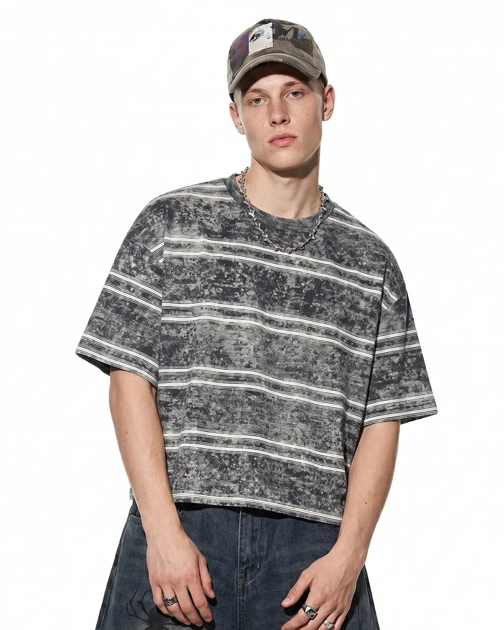 Vintage Washed Striped Boxy T-Shirt by INFLATION, featuring a relaxed fit with blue and white stripes and a casual, stylish design.