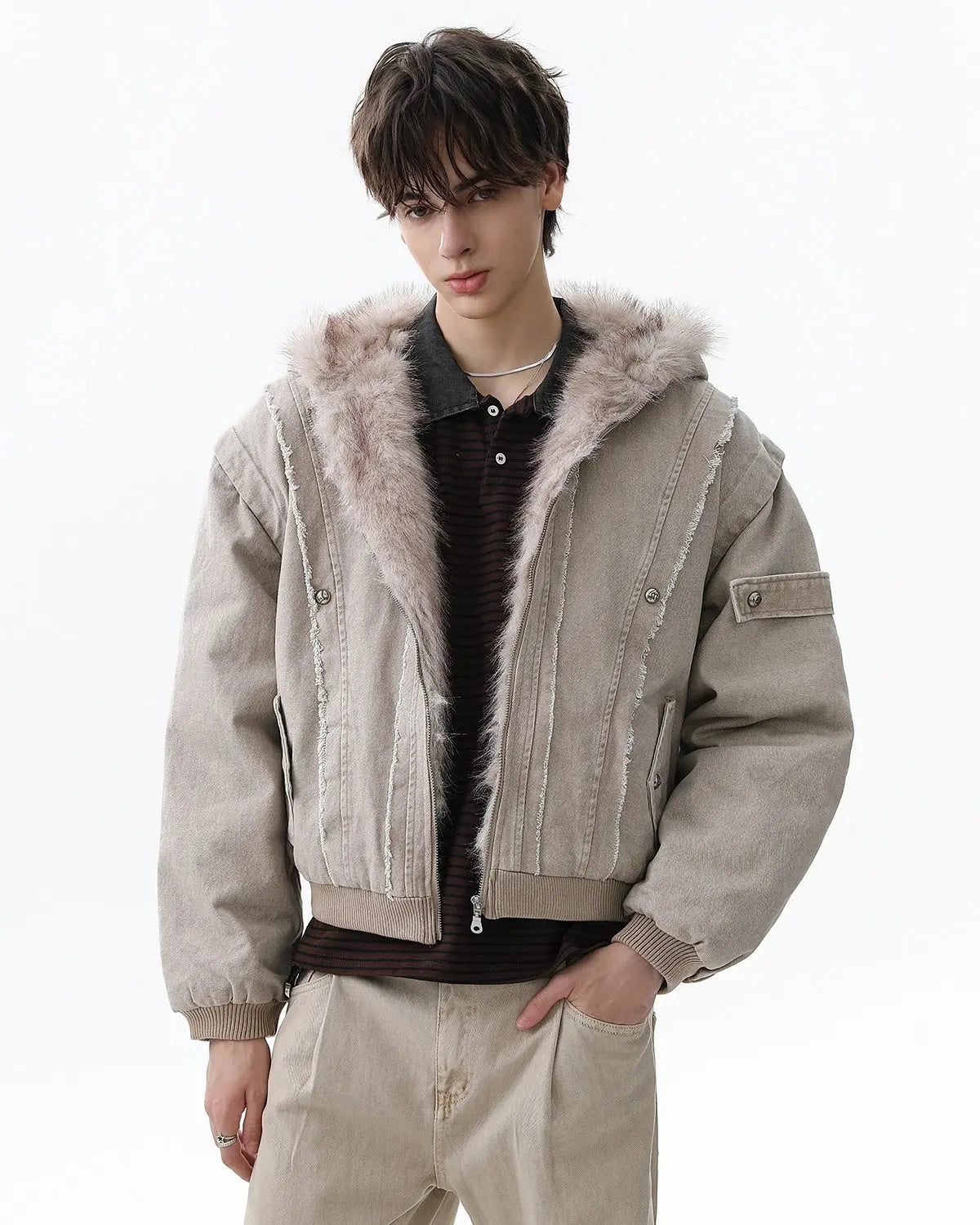Inflation streetwear faux fur lined washed hooded jacket with a relaxed fit and adjustable drawstrings, displayed on a hanger.