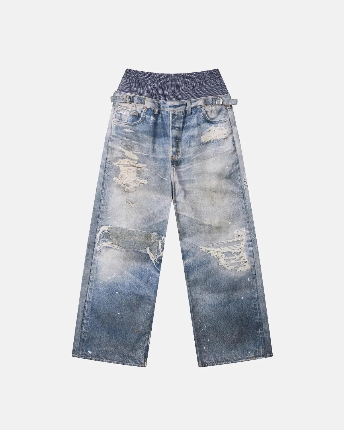 Layered digital print baggy jeans by INFLATION Streetwear featuring a relaxed fit and bold digital artwork design.