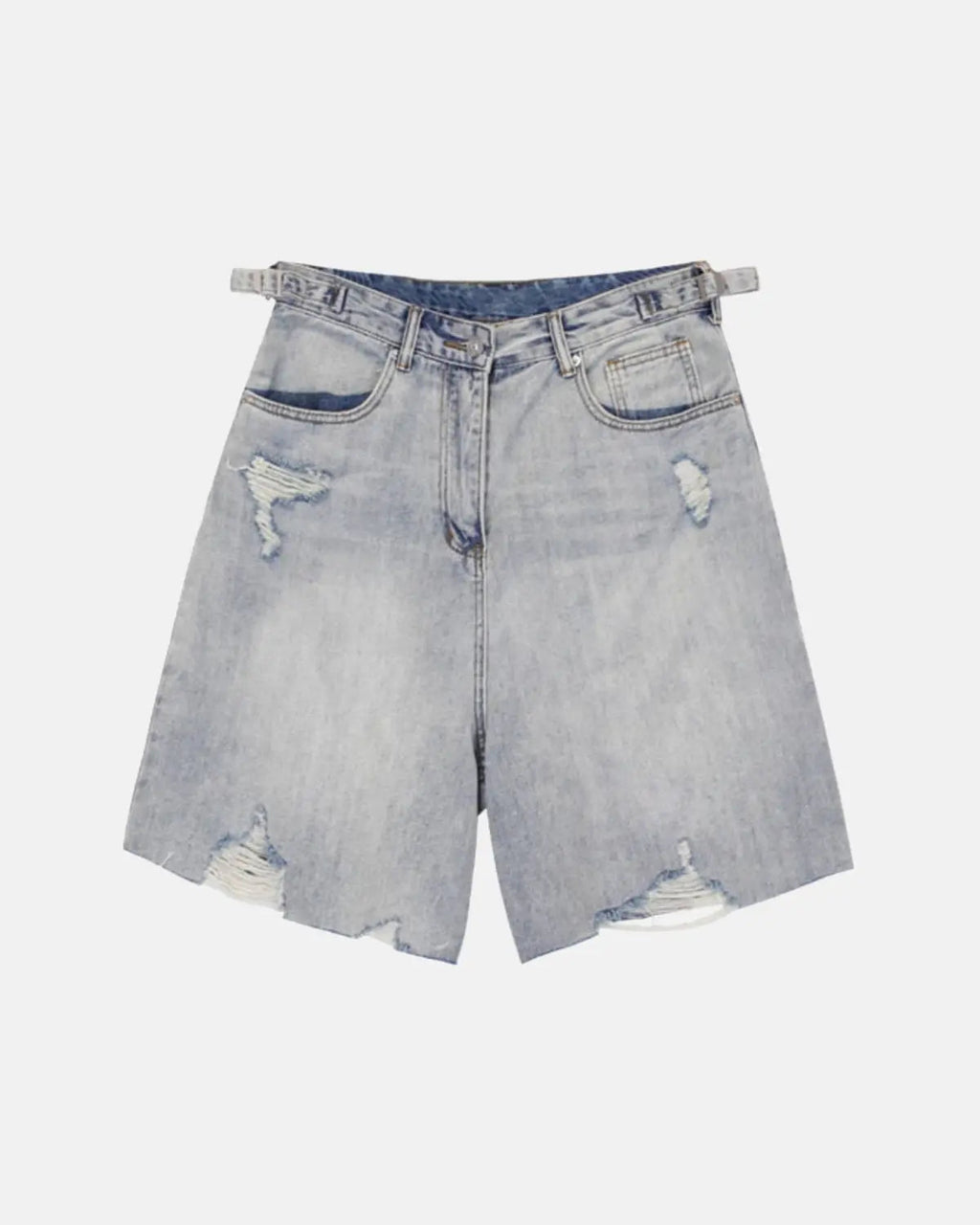 Inflation brand adjustable waist baggy jorts, streetwear pants with a relaxed fit and casual denim style, shown on model.