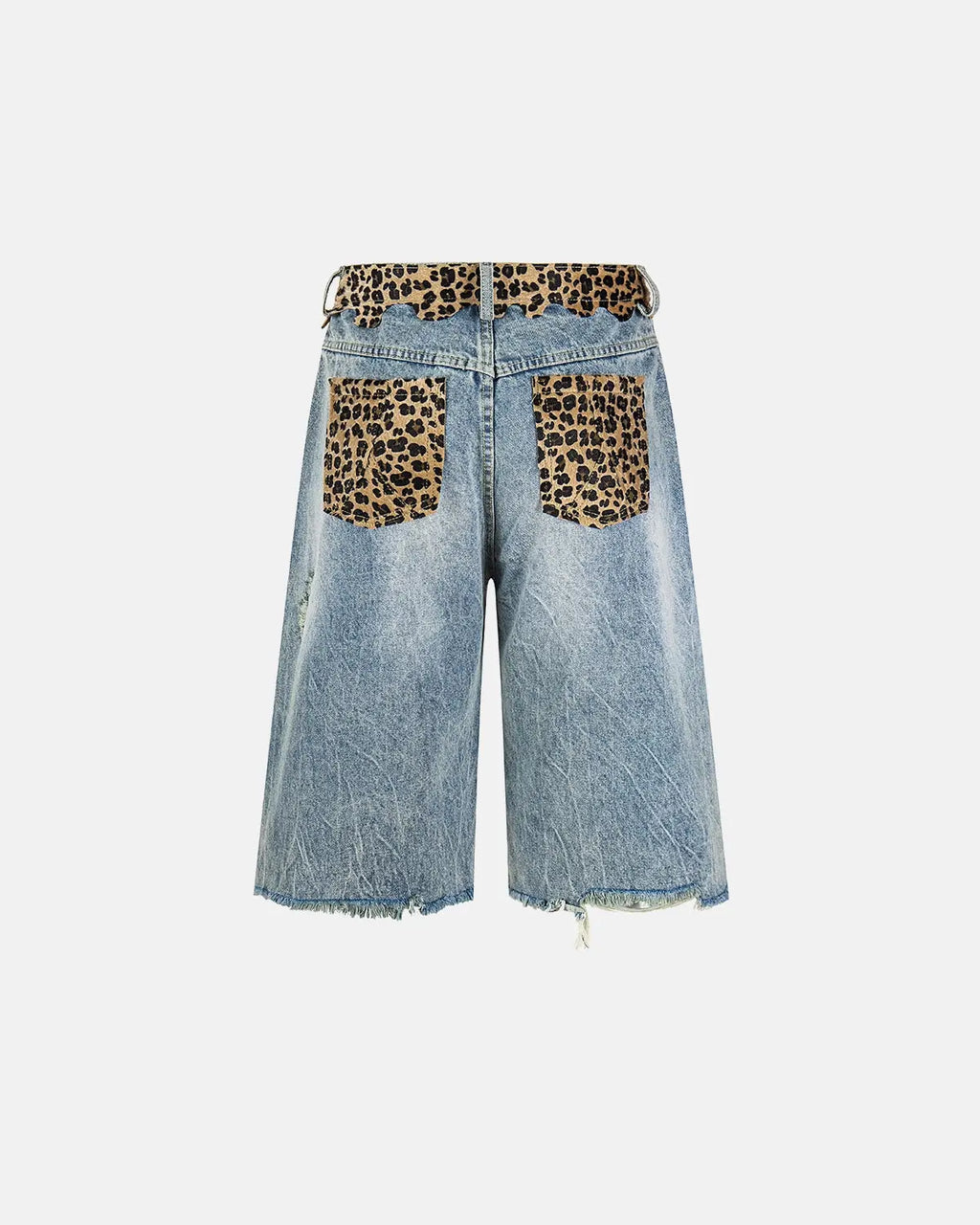 Inflation Streetwear leopard patchwork jorts, stylish denim pants with bold animal print, casual streetwear fashion.