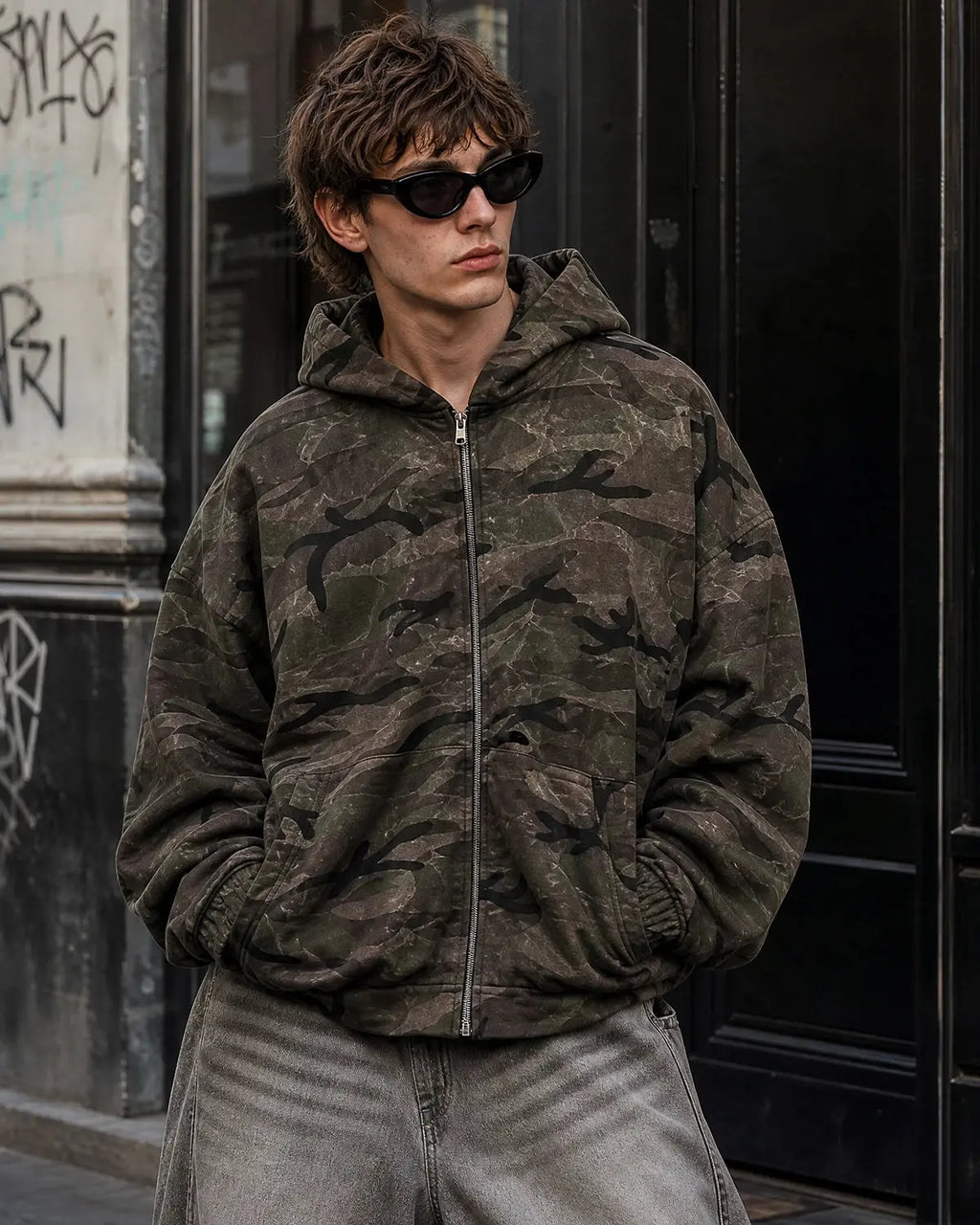 Camouflage zip-up jacket by INFLATION featuring a streetwear design with a front zipper and bold camouflage pattern.