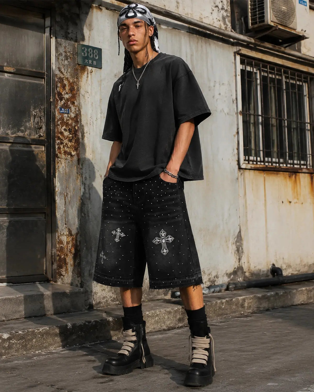 Inflation brand rhinestone straight leg jorts with distressed denim and embellishments, casual streetwear pants for a trendy look.