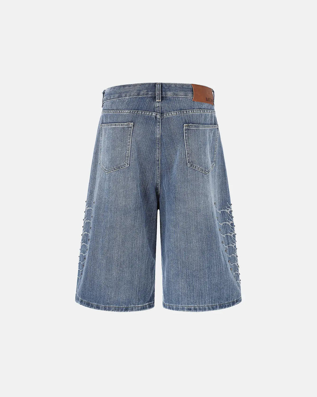 Inflation Streetwear studded bamboo weave jorts, casual pants with metal studs and woven bamboo texture, trendy streetwear style.