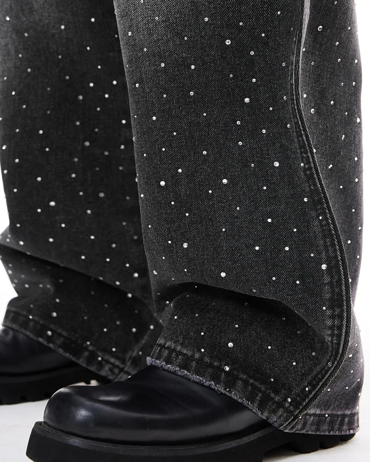 Rhinestone wavy baggy jeans by INFLATION featuring streetwear style with rhinestone embellishments and relaxed fit.