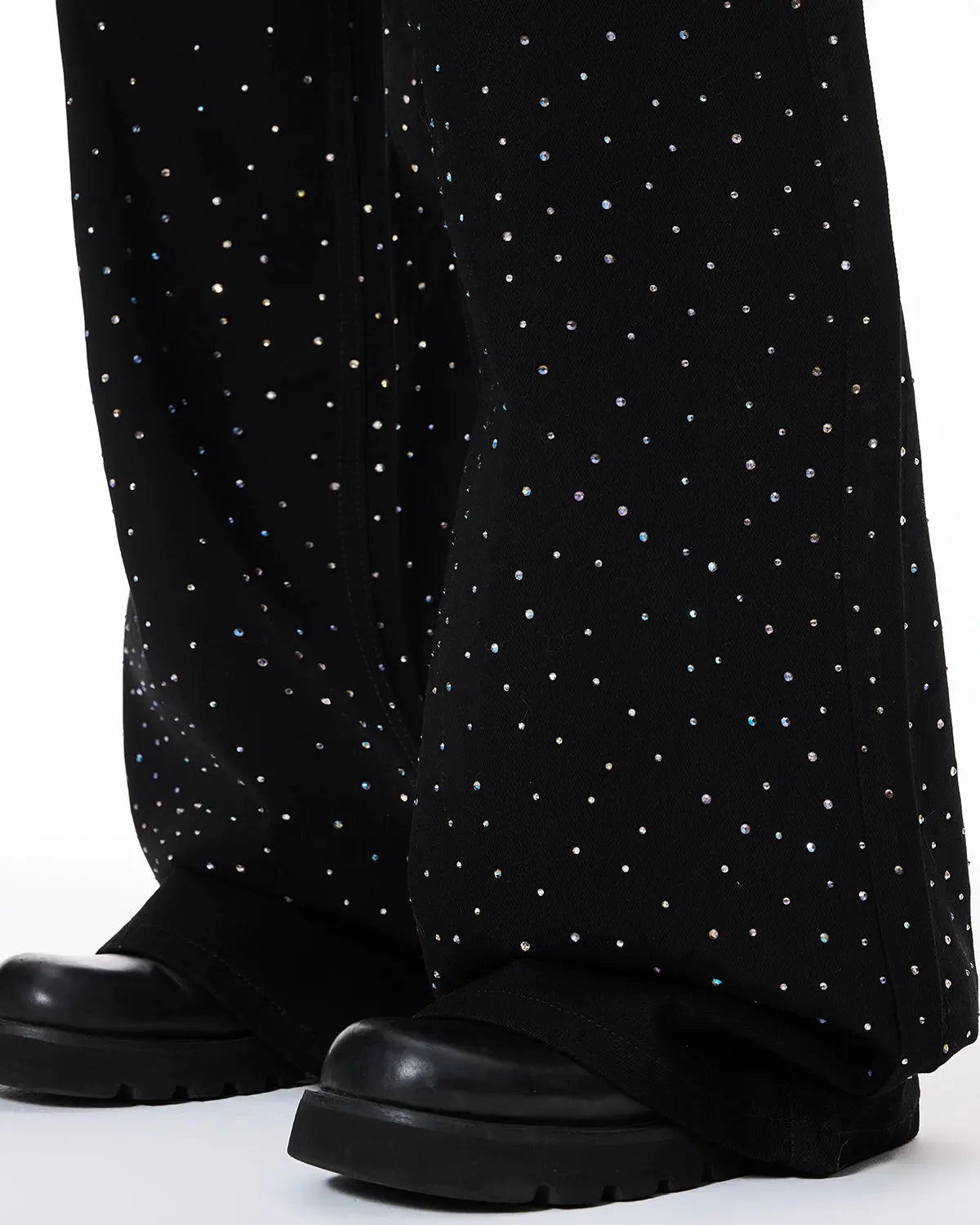 Inflation Chill wide-leg rhinestone denim pants featuring sparkling embellishments and relaxed fit, streetwear style.