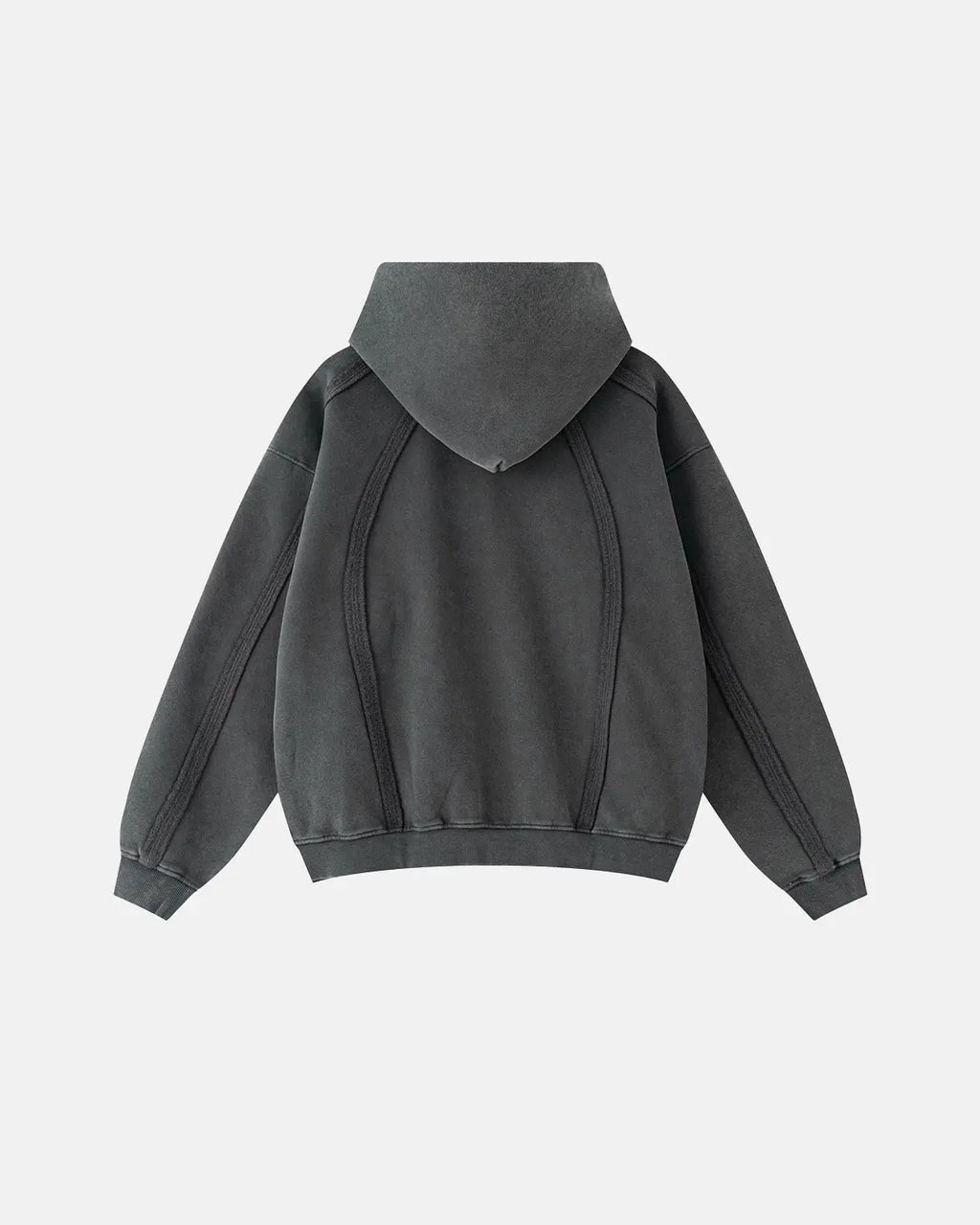 Inflation Streetwear snow washed raw edge boxy zip-up hoodie with a relaxed fit and raw hem details.